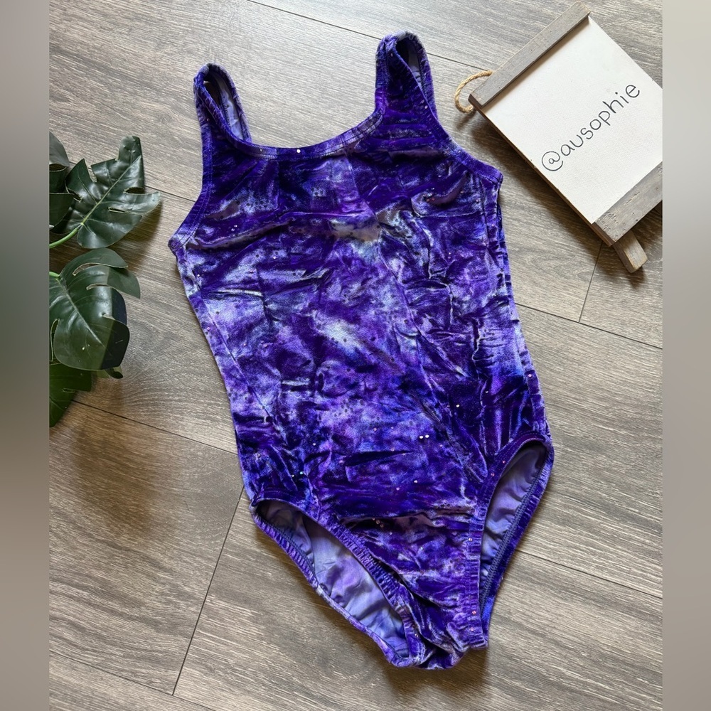 Satara Leos Gymnastics or Dance Purple Velvet One-Piece Bodysuit. Size Child XL